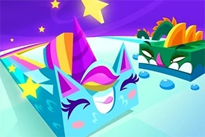 To farverige pixel-dyr med horn og stjerner i en fantasifuld, lilla og lyseblå verden