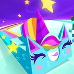 To farverige pixel-dyr med horn og stjerner i en fantasifuld, lilla og lyseblå verden