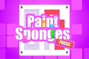 Farverig grafik med teksten Paint Sponges Puzzle over et lilla ternet baggrund