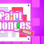 Farverig grafik med teksten Paint Sponges Puzzle over et lilla ternet baggrund