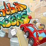 Et farverigt køkkenmiljø med graffiti-bogstaver og en legetøjsbil med ægdekoration