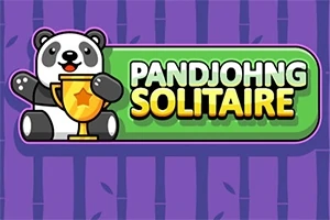 En tegneseriepanda holder en gylden pokal ved siden af teksten Pandjohng Solitaire på en grøn baggrund med en lilla bambusmønstret baggrund