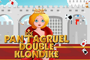 Tegneserieagtig blond dronning med krone foran en borg, omgivet af spillekort og gylden tekst
