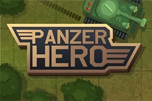 Tekst Panzer Hero i midten med et grønt kampvogn øverst til højre på en skovklædt baggrund