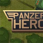 Tekst Panzer Hero i midten med et grønt kampvogn øverst til højre på en skovklædt baggrund