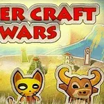 Farverige tegneseriefigurer af en hund, kat og tyr foran en landskabsskildring med bjerge og bygninger, med teksten Paper Craft Wars øverst