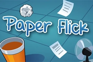 Blåt baggrundsbillede med teksten Paper Flick, et krøllet papir, flyvende papirer, en kop og en ventilator