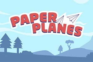Rød tekst PAPER PLANES med papirfly og en baggrund af blå landskabssilhuetter og træer