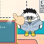 En tegneseriefigur iført briller og jakke står ved siden af en tavle med matematiske notationer