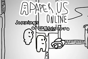To figurer med neutrale ansigter og objekter omkring dem, med håndtegnede elementer og teksten Paper Us Online