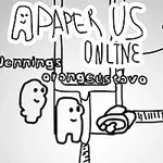 To figurer med neutrale ansigter og objekter omkring dem, med håndtegnede elementer og teksten Paper Us Online