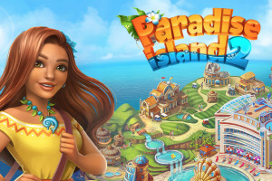 Paradise Island 2 En kvinde med langt brunt hår smiler foran et farverigt øparadis med bygninger og vandland