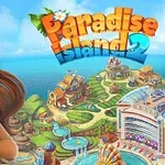 Paradise Island 2 En kvinde med langt brunt hår smiler foran et farverigt øparadis med bygninger og vandland