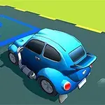 Blå bil parkeret på en markeret parkeringsplads på en grafisk overflade