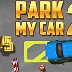 Blå bil parkeret i markeret område med gule kasser, rød-hvide kegler og teksten PARK MY CAR 2 ovenfor