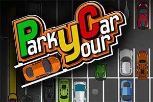 Farverige biler parkeret i en parkeringsplads set ovenfra med teksten Park Your Car i centrum