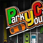 Farverige biler parkeret i en parkeringsplads set ovenfra med teksten Park Your Car i centrum