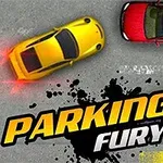 En gul bil drejer skarpt til venstre på en parkeringsplads ved siden af en rød og en sort bil, med teksten Parking Fury 2 i forgrunden