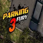 To biler, den ene med forlygterne tændt og parkeret i en oplyst bås, set ovenfra ved siden af teksten Parking Fury 3