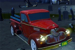 Rød retro lastbil parkeret på en kirkegård om natten med gravsten i baggrunden