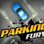 Blå og rød bil parkeret på en vej med teksten Parking Fury i centrum