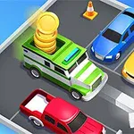 En parkeringsplads med forskellige farvede biler, herunder en grøn pengetransportbil med mønter ovenpå, ved siden af en trafikkegle