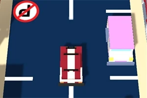 Rødt og hvidt køretøj på en vej med parkerede biler og et skilt, der forbyder vending