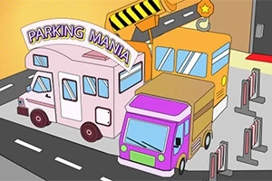 Tegnet billede med tre farverige biler parkeret ved siden af hinanden foran parkeringsautomatik