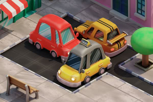 Tre farverige tegneseriebiler, inklusive en gul taxi, er parkeret ved siden af hinanden på en byvej