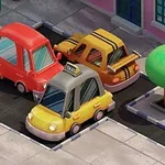 Tre farverige tegneseriebiler, inklusive en gul taxi, er parkeret ved siden af hinanden på en byvej