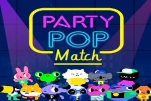 Farverige tegneseriefigurer står foran en neonbelyst baggrund med teksten Party Pop Match