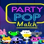 Farverige tegneseriefigurer står foran en neonbelyst baggrund med teksten Party Pop Match