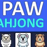 Blå baggrund med teksten Paw Mahjong øverst og illustrationer af dyr som tiger, får, koala og bjørn nederst