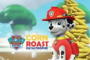En animeret dalmatinerhund iført brandmandsuniform står foran en bunke majs, med en skov i baggrunden og teksten Corn Roast Catastrophe