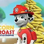 En animeret dalmatinerhund iført brandmandsuniform står foran en bunke majs, med en skov i baggrunden og teksten Corn Roast Catastrophe