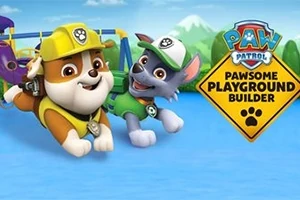 To an animerede hunde, iført byggeudstyr, svæver foran en legeplads med et skilt, der siger Pawsome Playground Builder