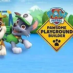 To an animerede hunde, iført byggeudstyr, svæver foran en legeplads med et skilt, der siger Pawsome Playground Builder