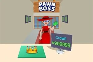 En person i rød kjole og hat står foran en butik ved navn Pawn Boss, holder penge og har en krone og en skærm, der viser prisen $999999, foran sig
