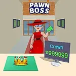 En person i rød kjole og hat står foran en butik ved navn Pawn Boss, holder penge og har en krone og en skærm, der viser prisen $999999, foran sig
