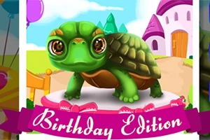 En tegnet skildpadde med store øjne står på en pink platform med teksten Birthday Edition foran et eventyrhus og farverige balloner i baggrunden