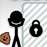 En stregtegning af en person, der står foran en låst dør med en lås og en nøglehul, ved siden af en meget enkelt udformet toiletfacilitet og en tegneserieagtig brun emoticon