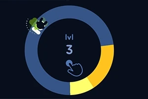 Et animeret billede af en cirkulær graf med niveau 3 i midten, en hånd, og en lille sort karakter med en grøn hat øverst til venstre