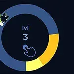 Et animeret billede af en cirkulær graf med niveau 3 i midten, en hånd, og en lille sort karakter med en grøn hat øverst til venstre