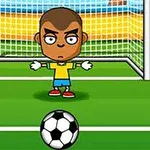 Tegneseriefigur som målmand foran et fodboldmål med en fodbold i forgrunden
