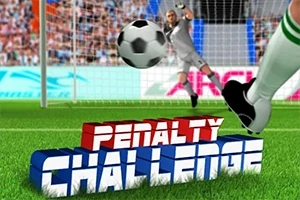 En fodboldspiller i grønne strømper skyder en bold mod målet, mens målmanden forbereder sig på at redde, med teksten Penalty Challenge i forgrunden