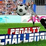 En fodboldspiller i grønne strømper skyder en bold mod målet, mens målmanden forbereder sig på at redde, med teksten Penalty Challenge i forgrunden