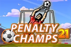 En tegneseriespiller iført rød dragt redder en fodbold foran et mål, med teksten Penalty Champs 21 i forgrunden