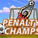En tegneseriespiller iført rød dragt redder en fodbold foran et mål, med teksten Penalty Champs 21 i forgrunden