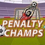 En tegneseriemålmand i rød trøje forsøger at gribe en fodbold foran et mål på en stadion med teksten Penalty Champs 22 over