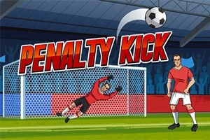 En tegnet scene med en målmand, der dykker for at redde en bold foran et mål, med teksten PENALTY KICK i baggrunden og en spiller i rødt tøj ved siden